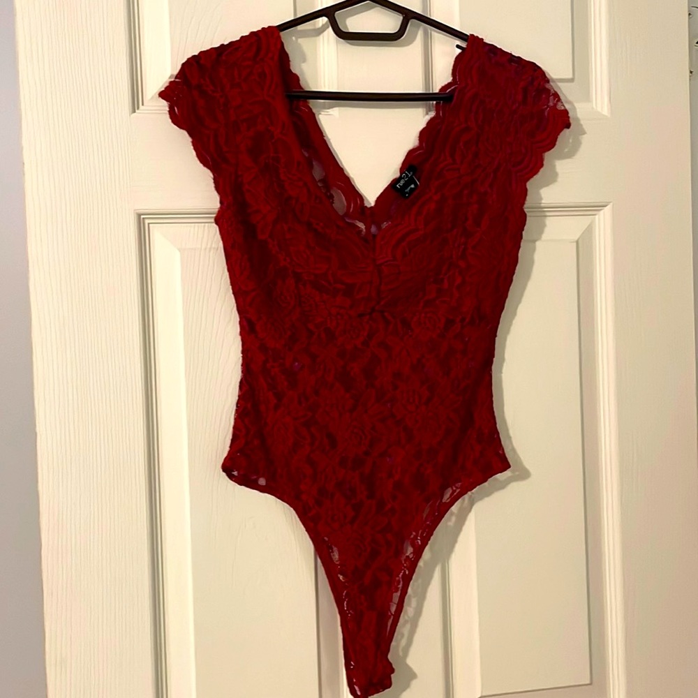 Red laced short sleeve bodysuit NEVER WORN